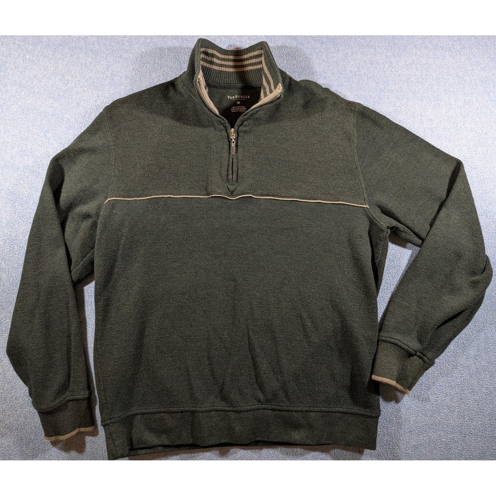 Van Heusen Sweater Mens Medium Olive Green Quarter Zip Pullover Contrast Trim